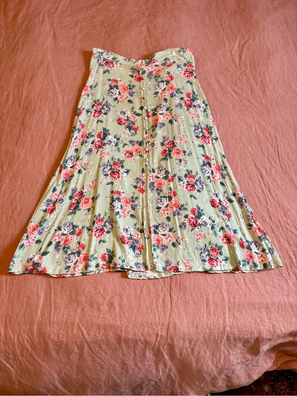 Floral Midi Skirt in Mint Green with Pink Roses